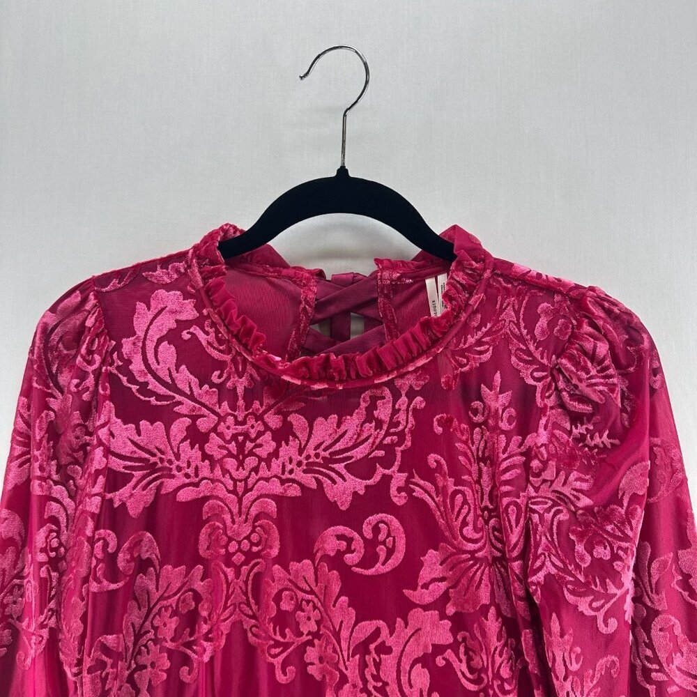 By Anthropologie Velvet Burnout Top S Lace Up Back Ruffle Mock Neck Damask Pink - Picture 4 of 16